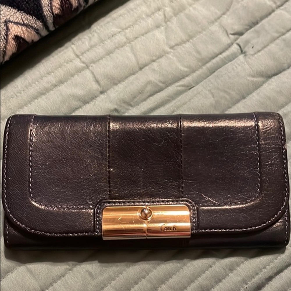 Coach Kristin Marine Blue Leather Wallet Tri-Fold Envelope Turnlock Gold Accents